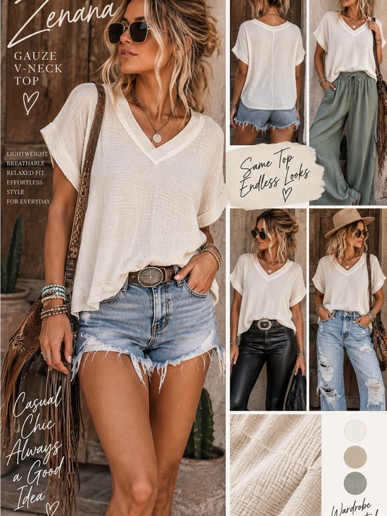 Zenana Outfitters Tops - Zenana Outfitters Cream Gauze V-Neck Tunic Top